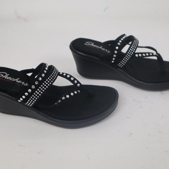 ❄ Skechers NWT Black w Silver Rhinestones Strappy Thong Sandals Sliders Mules 7 - Picture 3 of 7